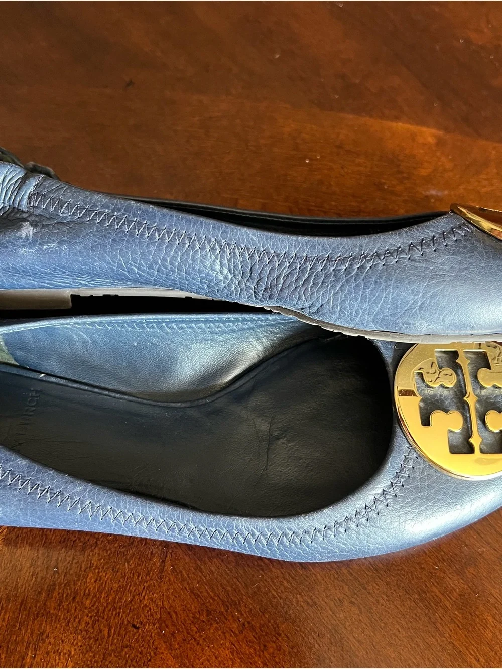 Tory Burch Navy Leather Ballet Flats with Gold Logo Medallion